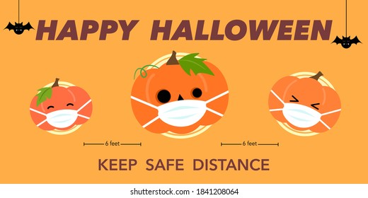 COVID-19 and social distancing infographic banner with cute Halloween pumpkin wearing medical or surgical mask. Coronavirus protection. Trick or treat. Illustration Vector