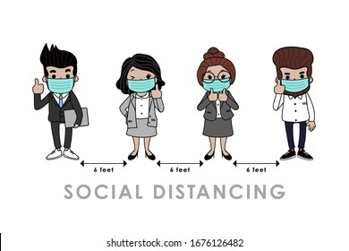 COVID-19 and social distancing infographic with cute cartoon character. Business officer with surgical mask in flat style. Corona virus protection. -Vector