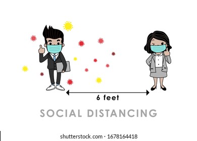 COVID-19 and social distancing infographic with cute cartoon character. Business officer with surgical mask in flat style. Corona virus protection. -Vector