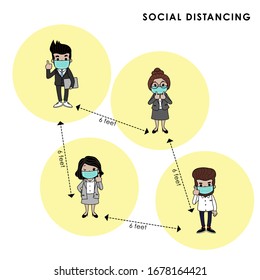 COVID-19 and social distancing infographic with cute cartoon character. Business officer with surgical mask in flat style. Corona virus protection. -Vector