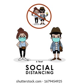 COVID-19 and social distancing infographic with cute cartoon character. Man and woman with surgical mask in flat style. Coronavirus protection. -Vector