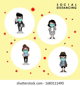 COVID-19 and social distancing infographic with cute cartoon character. Business officer with surgical mask in flat style. Corona virus protection. -Vector