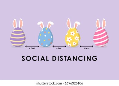 COVID-19 and social distancing infographic with cute easter eggs and ears of bunny. Animal holidays cartoon character in flat style. Corona virus protection. -Vector