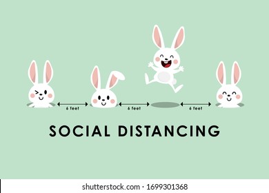 COVID-19 and social distancing infographic with cute bunny and rabbit. Animal easter holidays cartoon character in flat style. Corona virus protection. -Vector