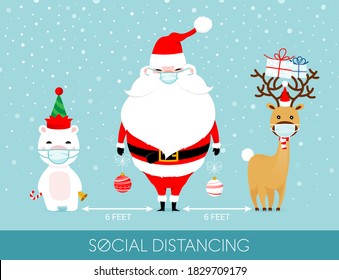COVID-19 and social distancing infographic with cute Christmas cartoon character. Santa Claus, white bear and reindeer with surgical mask in flat style. Corona virus protection