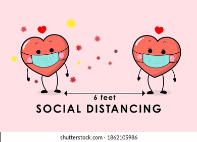 COVID-19 and social distancing infographic with cute love sign character. Red hearts cartoon with surgical mask in flat style. Corona virus protection. Happy Valentine's Day greeting card. -Vector