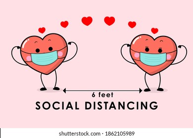 COVID-19 and social distancing infographic with cute love sign character. Red hearts cartoon with surgical mask in flat style. Corona virus protection. Happy Valentine's Day greeting card. -Vector