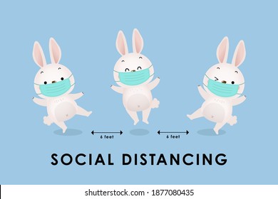 COVID-19 and social distancing infographic with cute bunny and rabbit wear surgical mask. Animal easter holidays cartoon character in flat style. Corona virus protection. -Vector