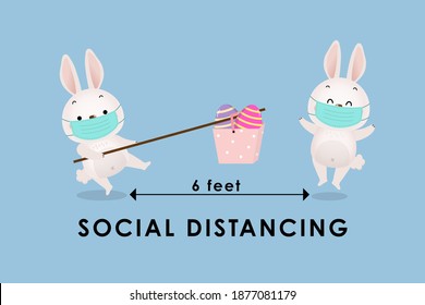 COVID-19 and social distancing infographic with cute bunny and rabbit wear surgical mask. Animal easter holidays cartoon character in flat style. Corona virus protection. -Vector