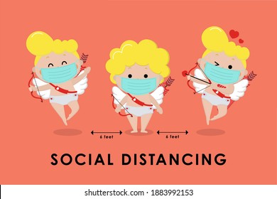 COVID-19 and social distancing infographic with cute cupid character. Valentine's Day and love holidays cartoon with surgical mask in flat style. Corona virus protection. -Vector