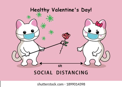 COVID-19 y la infografía de distanciamiento social con lindos gatos de amor. Gatos con mascarilla quirúrgica y rosa de estilo plano. Protección contra el virus de Corona. Feliz tarjeta de bienvenida de San Valentín. Saludable Día de San Valentín.