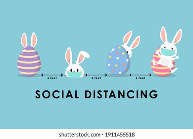 COVID-19 and social distancing infographic with cute bunny, rabbit wear surgical mask and eggs. Animal easter holidays cartoon character in flat style. Corona virus protection. -Vector