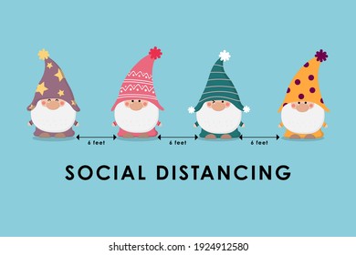 COVID-19 and social distancing infographic with cute gnomes. Fairytale cartoon character in flat style. Corona virus protection. -Vector