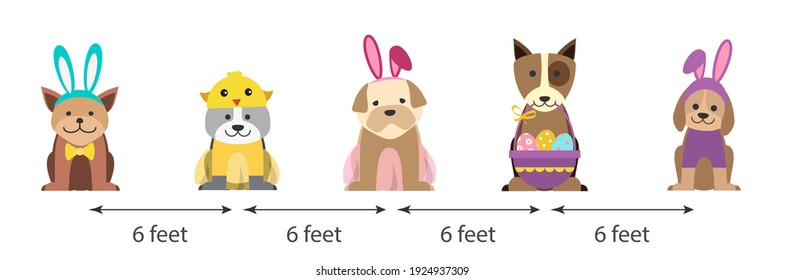 COVID-19 and social distancing infographic with cute dogs in costumes, easter eggs and ears of bunny. Pets holidays cartoon character in flat style. Corona virus protection. -Vector