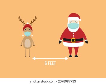 COVID-19 and social distancing infographic with cute Christmas cartoon character. Santa Claus and reindeer with surgical mask. Corona virus protection. Stay safe. Flat design vector illustration.