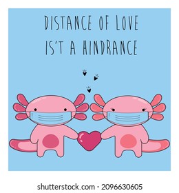 COVID-19 and social distancing infographic with cute love sign characters. Couple axolotle in love cartoon with surgical mask in flat style. Corona virus protection. Vector greeting card, banner