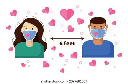 COVID-19 and social distancing infographic with cute characters. Valentine's day and love holidays cartoon with surgical mask in flat style. Coronavirus protection. vector illustration