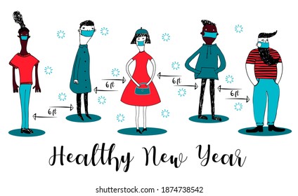 COVID-19 and social distancing infographic with doodle  characters. Diverse people with surgical mask in doodle style. Corona virus protection. Vector