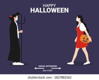 COVID-19 and social distancing infographic with Halloween character. Man and woman wearing face mask. Corona virus protection. Trick or treat. -Vector