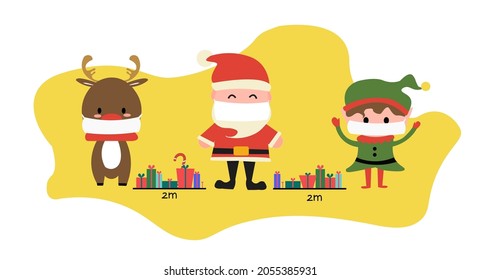 COVID-19 and social distancing infographic. New Normal Santa Claus, reindeer and elf wearing a mask stand at a distance with the gift in the middle. Vector illustration. 