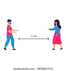 COVID-19. Social distancing. Man and woman greeting. Coronavirus epidemic protective equipment. Preventive measures. Steps to protect yourself