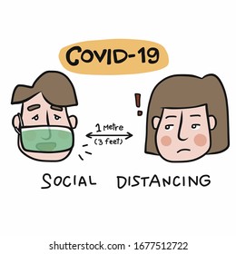 Covid-19 social distancing people cartoon vector illustration