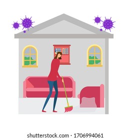 Covid-19 social distancing vector concept: self-quarantine female figure sweeping the floor inside a house surrounded by CoronaVirus