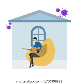 Covid-19 concepto de vector de distanciamiento social con figura masculina sentada en un sofá mientras toca su guitarra acústica en su casa azul, aislado en fondo blanco con íconos gérmenes púrpura