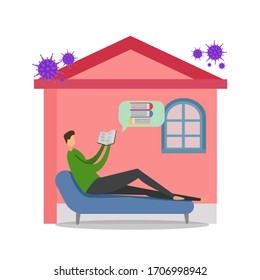 Covid-19 social distancing vector concept: self-quarantine male figure reading books inside a house surrounded by CoronaVirus