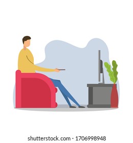 Covid-19 social distancing vector concept with male figure sitting and relaxing on a sofa while watching television, isolated in white background with blue shades
