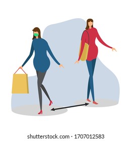 Covid-19 social distancing vector concept: two women figures shopping while following the physical distancing protocol