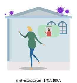 Concepto de vector de distanciamiento social Covid-19 con figuras femeninas ondeando mientras videollamadas con su amiga en la casa cian, aislada en fondo blanco con íconos de gérmenes púrpura