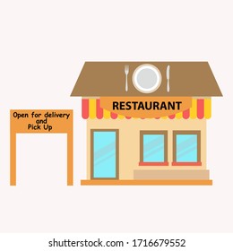 Covid-19 social distancing vector concept with restaurant having a pick up or drive thru gateway in the white background