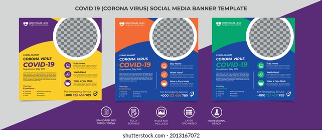 covid-19 social media post template design, three gorgeous color variation. an image can be placed in the template, square web banner, vector eps 10 version.