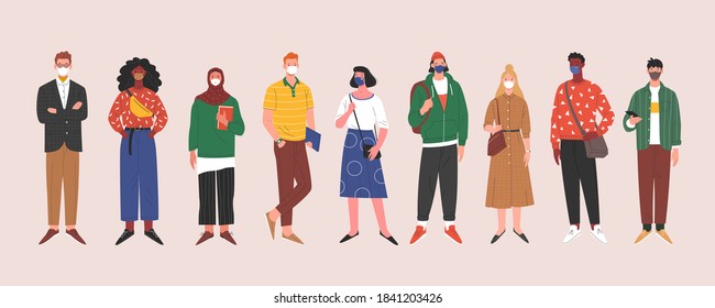 Covid-19 social preventive measures. Vector illustration of cartoon multiethnic group of young people wearing face medical masks. Isolated on background