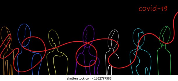 covid-19 spread concept, crowd of colored people and one red line which connect them, spread virus, vector