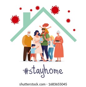 CoVID-19 Spread of the virus. New Coronavirus 2019-nCoV Positive quarantine self-isolation poster. A happy family is protected from the virus in their home. Flat vector illustration