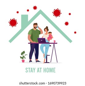 CoVID-19 Spread of the virus. New Coronavirus 2019-nCoV Positive quarantine self-isolation poster. A happy family is protected from the virus in their home. Flat vector illustration