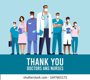 CoVID-19 Spread of the virus. New Coronavirus 2019-nCoV Poster Thank you doctors and nurses. Thanks to the medical team during the coronavirus epidemic. Vector illustration