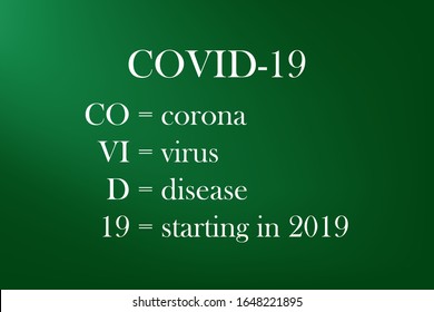 COVID-19 stands for corona virus disease starting in 2019. The definition of COVID-19. White text on the blackboard.