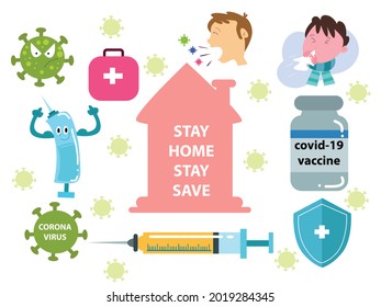 Covid19 stay home vaccination hand drawn Doodle cartoon set of objects and symbols