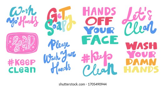 Covid-19 Sticker set for social media content. Vector hand drawn illustration design. Please wash your hands, hands off your face, let's clean, keep clean, get soapy, soap.