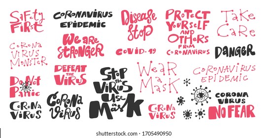 Covid-19 Sticker set for social media content. Vector hand drawn illustration design. Safety first, disease stop, we are stronger, defeat the virus, stop the virus use a mask, corona virus monster.