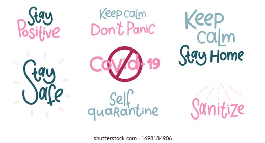 Covid-19 stickers set. Coronavirus lettering. Elements for poster, banners, coffee cups and mug, T-shirt and notebook.