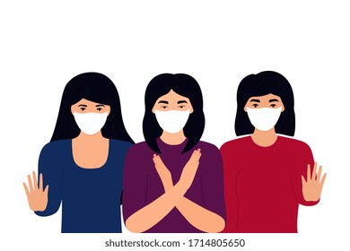 COVID-19. Stop Coronavirus. Novel virus 2019-nCoV. Concept of quarantine, prevent infection. Group of women in white protective masks