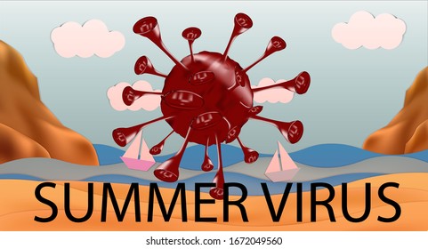 Concepto de brote de virus Covid-19 de verano. Coranavirus en la playa Fondo de verano