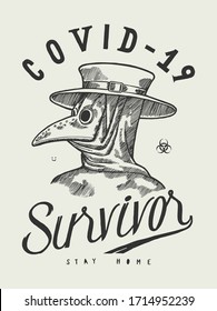 Covid-19 Survivor t-shirt print. Vintage motivational typography t-shirt print with a medieval plaque doctor illustration.