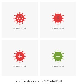 Covid-19 symbol set. Coronavirus or sars virus, exclamation point, plus and minus sign - positive and negative medical tests, warning information and danger of infection icons.