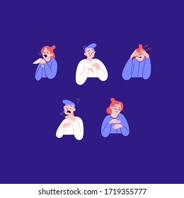 Covid-19 symptoms graphic set. A man amd a woman experiensing coronavirus symptoms