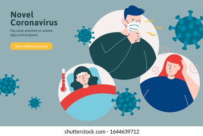 COVID-19 symptoms including cough, fever and feeling dizzy in flat style